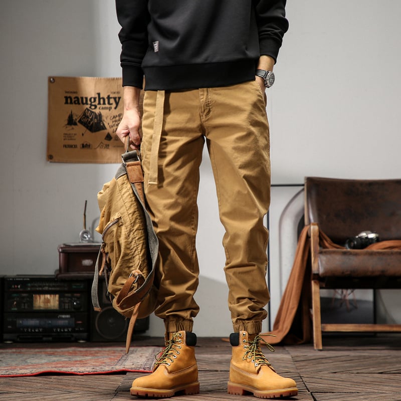 Pantaloni de lucru din bumbac pentru bărbați, croială lejeră, talie medie, cu curea