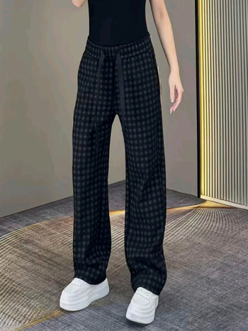 Pantaloni casual drepți pentru bărbați, cu imprimeu în carouri, design de lux discret, țesătură poliester, talie medie, imprimare digitală