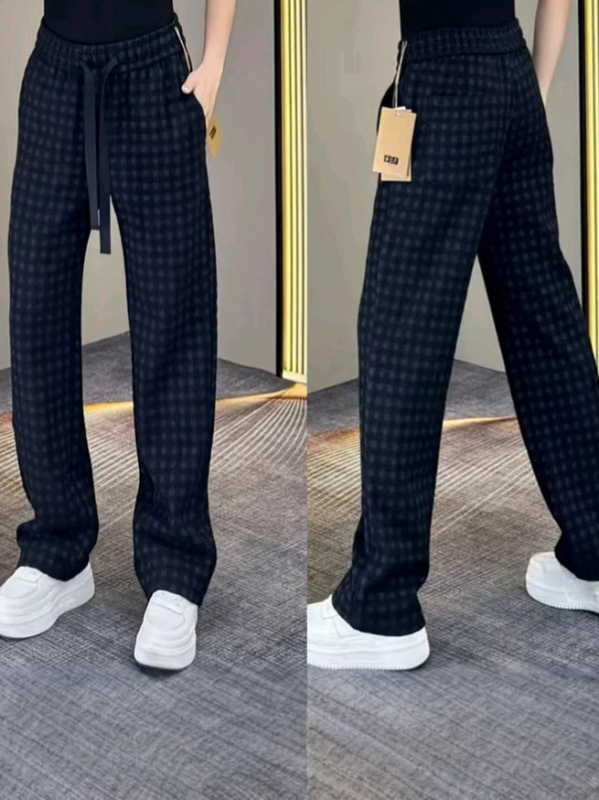 Pantaloni casual drepți pentru bărbați, cu imprimeu în carouri, design de lux discret, țesătură poliester, talie medie, imprimare digitală