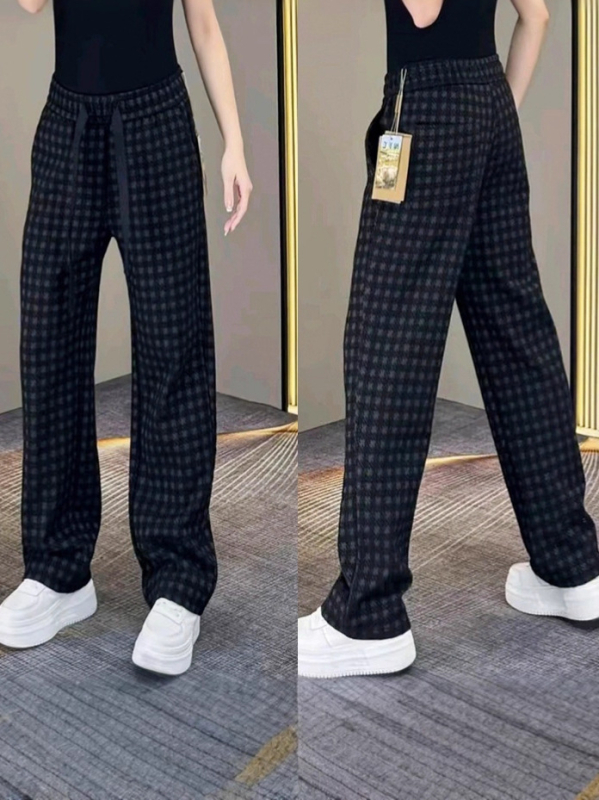 Pantaloni casual drepți pentru bărbați, cu imprimeu în carouri, design de lux discret, țesătură poliester, talie medie, imprimare digitală