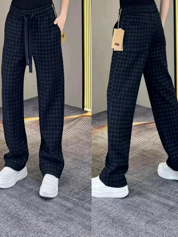Pantaloni casual drepți pentru bărbați, cu imprimeu în carouri, design de lux discret, țesătură poliester, talie medie, imprimare digitală
