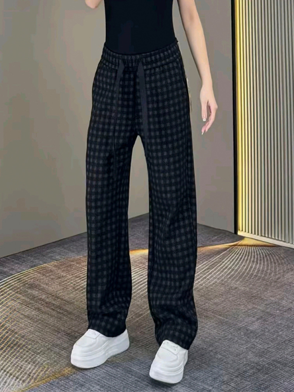 Pantaloni casual drepți pentru bărbați, cu imprimeu în carouri, design de lux discret, țesătură poliester, talie medie, imprimare digitală