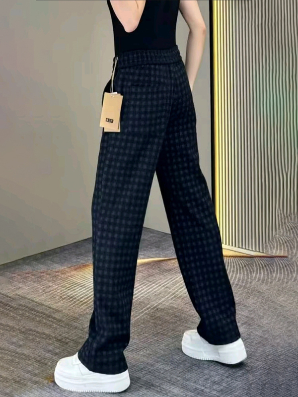 Pantaloni casual drepți pentru bărbați, cu imprimeu în carouri, design de lux discret, țesătură poliester, talie medie, imprimare digitală