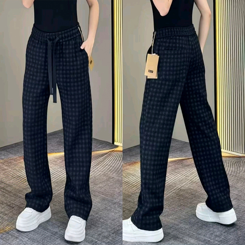 Pantaloni casual drepți pentru bărbați, cu imprimeu în carouri, design de lux discret, țesătură poliester, talie medie, imprimare digitală
