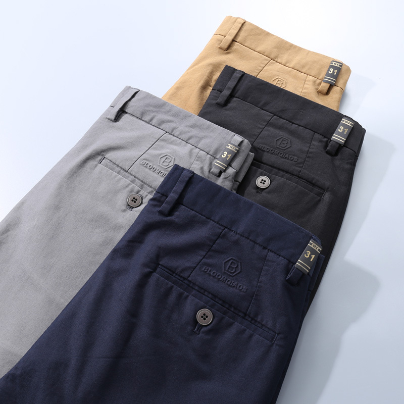 Pantaloni casual bărbați cu croială dreaptă din bumbac, micro-elastici, talie medie, primăvara 2025