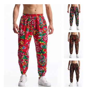 Muške slim-fit casual hlače s remenom, srednji struk, print, 85% pamuk