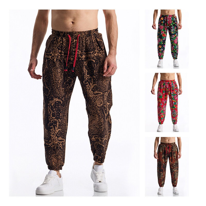 Muške slim-fit casual hlače s remenom, srednji struk, print, 85% pamuk