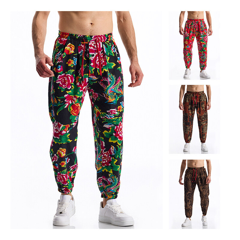 Muške slim-fit casual hlače s remenom, srednji struk, print, 85% pamuk