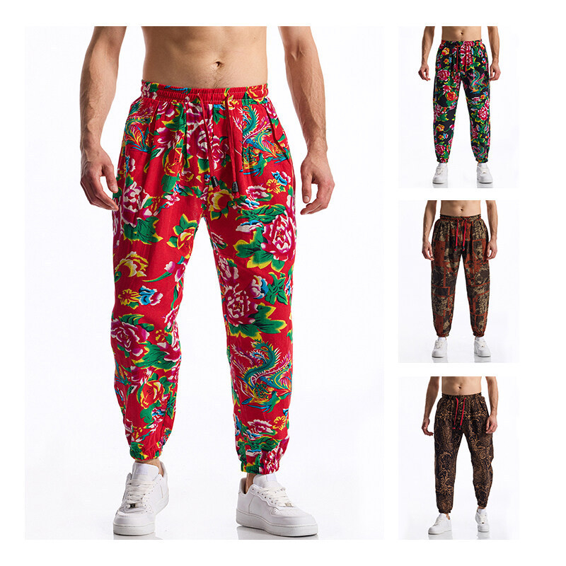 Muške slim-fit casual hlače s remenom, srednji struk, print, 85% pamuk
