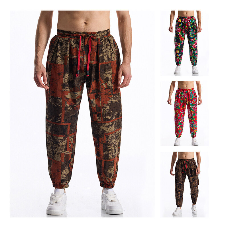 Muške slim-fit casual hlače s remenom, srednji struk, print, 85% pamuk