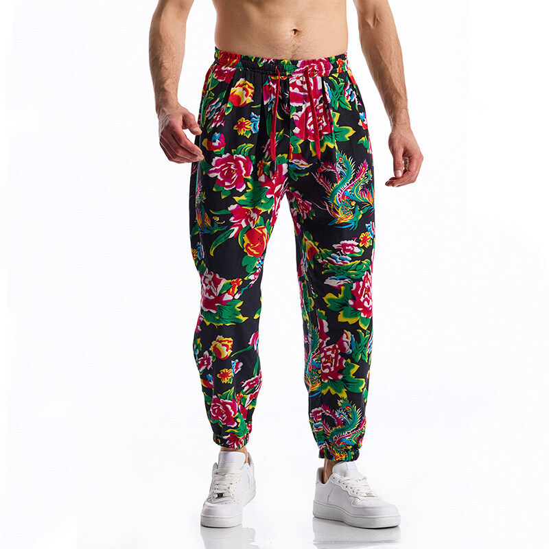 Muške slim-fit casual hlače s remenom, srednji struk, print, 85% pamuk
