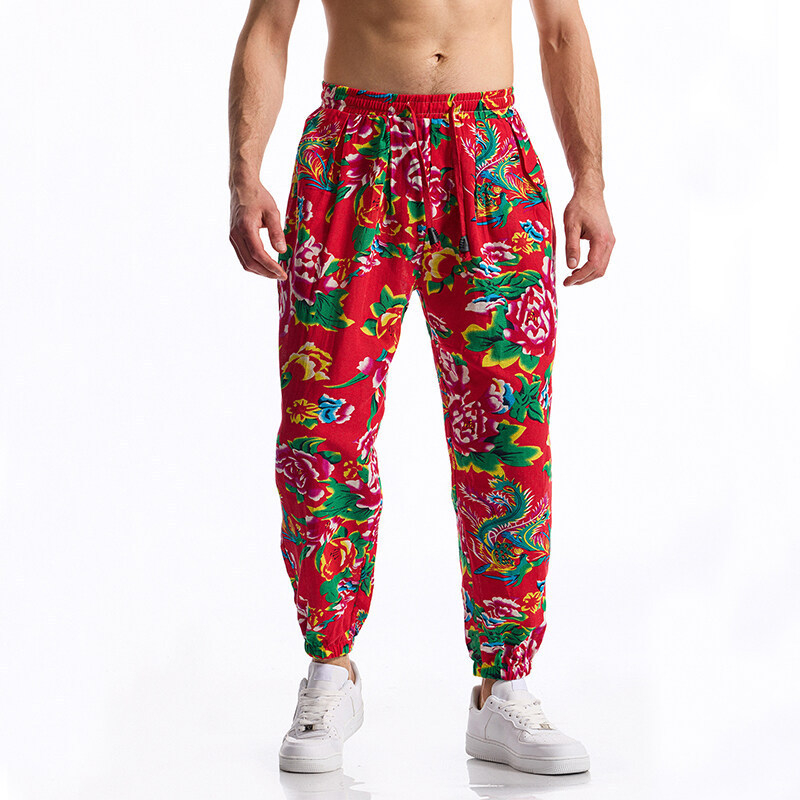 Muške slim-fit casual hlače s remenom, srednji struk, print, 85% pamuk