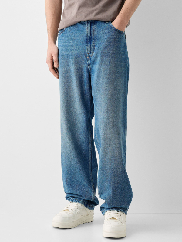 Muške traperice od denima s ravnim krojem, visokim strukom, zipom, stone-washed, pamuk denim, pogodne za četiri sezone