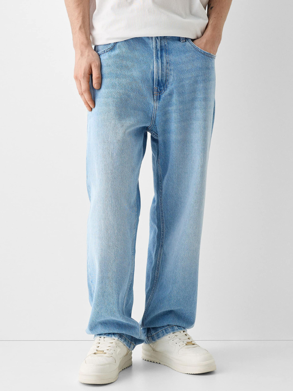 Muške traperice od denima s ravnim krojem, visokim strukom, zipom, stone-washed, pamuk denim, pogodne za četiri sezone