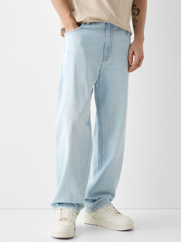 Muške traperice od denima s ravnim krojem, visokim strukom, zipom, stone-washed, pamuk denim, pogodne za četiri sezone