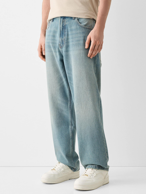 Muške traperice od denima s ravnim krojem, visokim strukom, zipom, stone-washed, pamuk denim, pogodne za četiri sezone