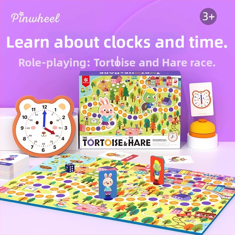Joc de masă cu tema cursei melcului și iepurelui, învățarea orei și a timpului, joc pentru doi jucători – tată și fiu, educațional pentru copii 4–14 ani, material: hârtie.