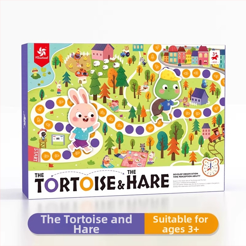 Joc de masă cu tema cursei melcului și iepurelui, învățarea orei și a timpului, joc pentru doi jucători – tată și fiu, educațional pentru copii 4–14 ani, material: hârtie.