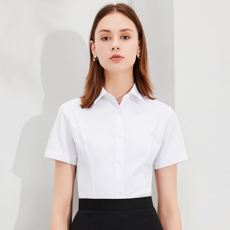 Ženska košulja od pamuka i poliestera, kratki rukav, jednobojna, četvrtasti ovratnik, slim fit