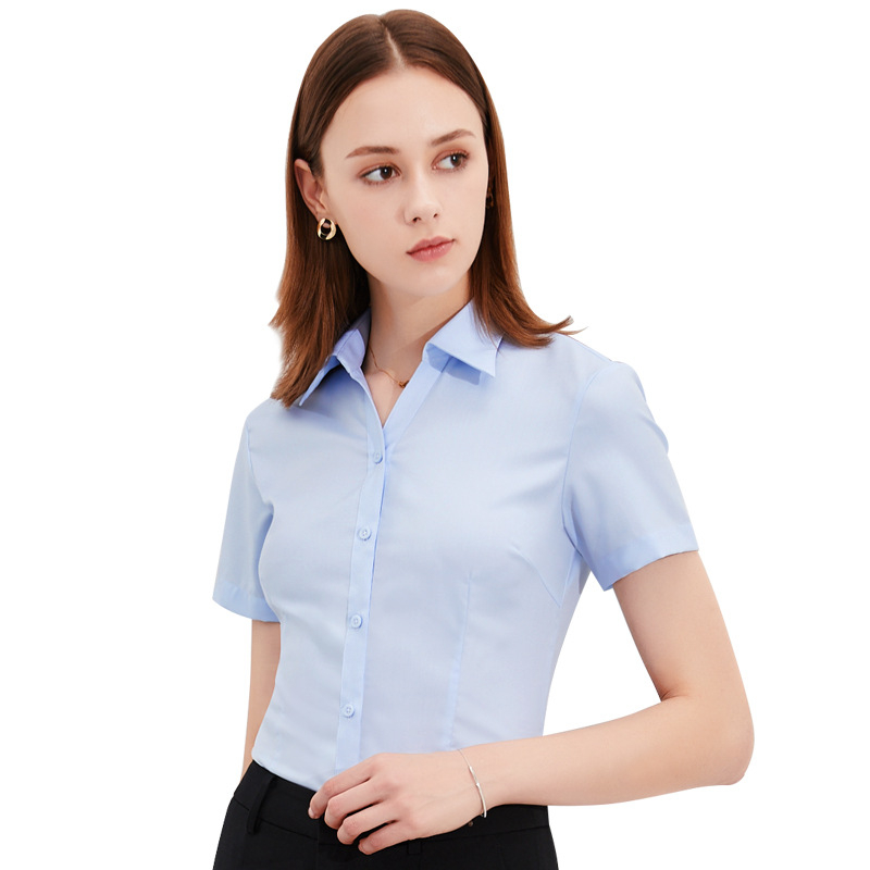 Ženska košulja od pamuka i poliestera, kratki rukav, jednobojna, četvrtasti ovratnik, slim fit