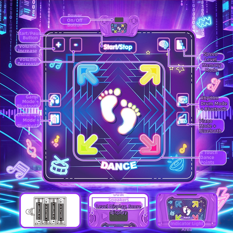 Bluetooth hudobný tanečný podložka, skladacia, svetelné efekty, interaktívna hra pre deti 4–6 rokov