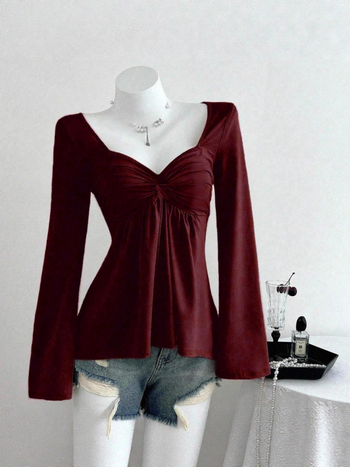 Ženska majica s V-izrezom, dugo rukave, jednobojna, uski kroj, poliester-elastan mješavina