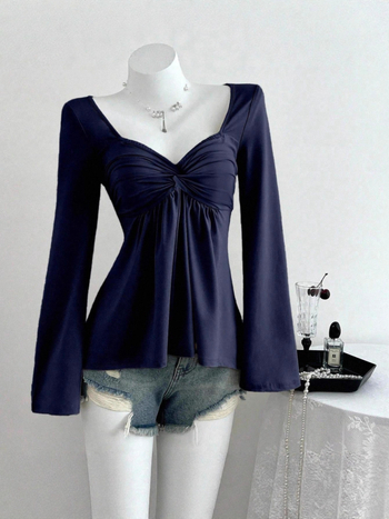 Ženska majica s V-izrezom, dugo rukave, jednobojna, uski kroj, poliester-elastan mješavina