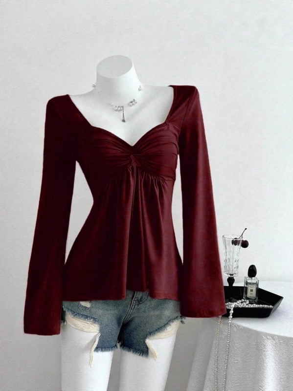 Ženska majica s V-izrezom, dugo rukave, jednobojna, uski kroj, poliester-elastan mješavina