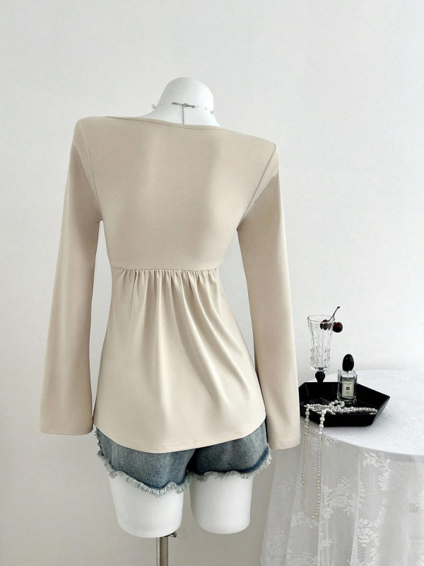 Ženska majica s V-izrezom, dugo rukave, jednobojna, uski kroj, poliester-elastan mješavina