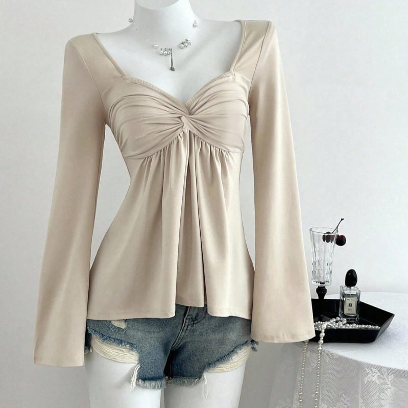 Ženska majica s V-izrezom, dugo rukave, jednobojna, uski kroj, poliester-elastan mješavina