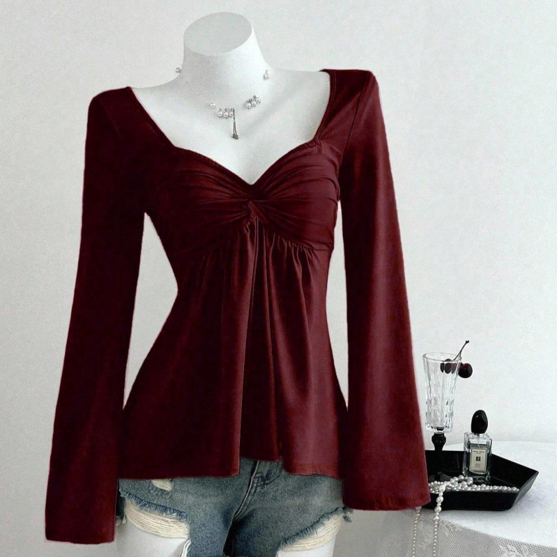 Ženska majica s V-izrezom, dugo rukave, jednobojna, uski kroj, poliester-elastan mješavina