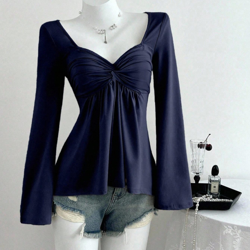 Ženska majica s V-izrezom, dugo rukave, jednobojna, uski kroj, poliester-elastan mješavina