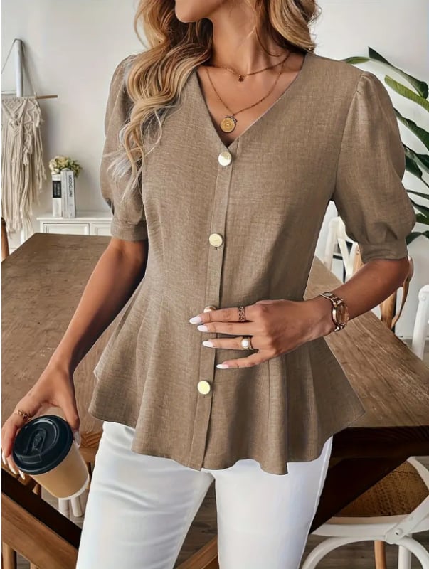 Ženska košulja s V-izrezom, kratki puff rukavi, strukiran kroj, poliestersko-akrilna smjesa, tkanina