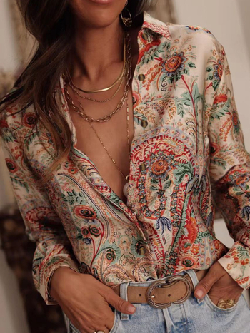 Ženska košulja s printom i ovratnikom s klopom (lapel), kratki rukav, patchwork casual stil, poliester