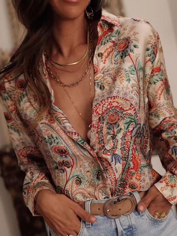 Ženska košulja s printom i ovratnikom s klopom (lapel), kratki rukav, patchwork casual stil, poliester