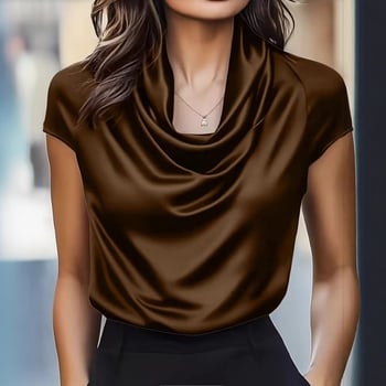 Poliesterska bluza s spuštenim ovratnikom, kratki rukav, jednobojna, patchwork detalj