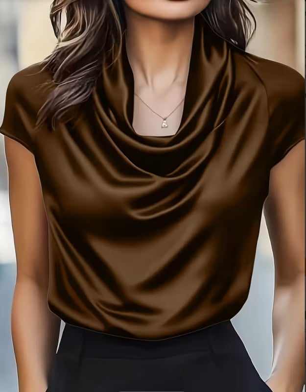 Poliesterska bluza s spuštenim ovratnikom, kratki rukav, jednobojna, patchwork detalj