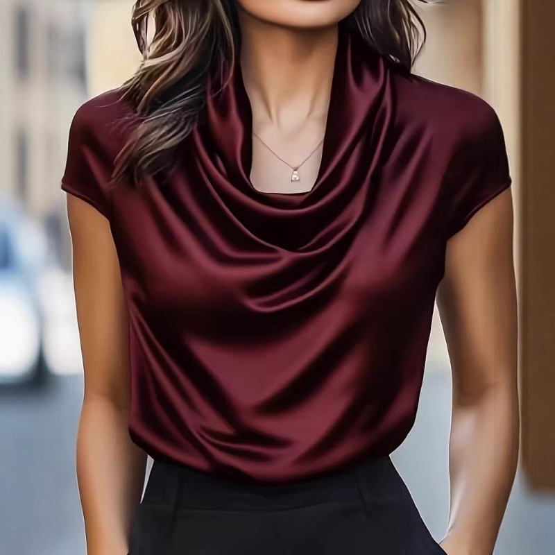 Poliesterska bluza s spuštenim ovratnikom, kratki rukav, jednobojna, patchwork detalj