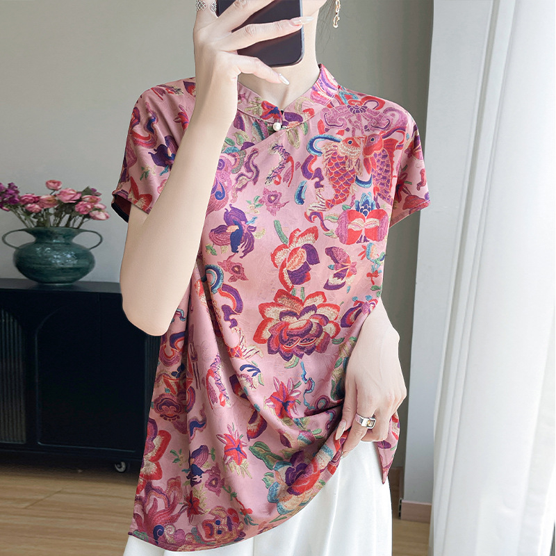 Ženska bluza s kratkim rukavima s printom Fragrant Cloud Yarn, ovratnik u stilu cheongsam, slobodan kroj, 3D uzorak, materijal od acetatnih vlakana s regeneriranom celulozom <30%