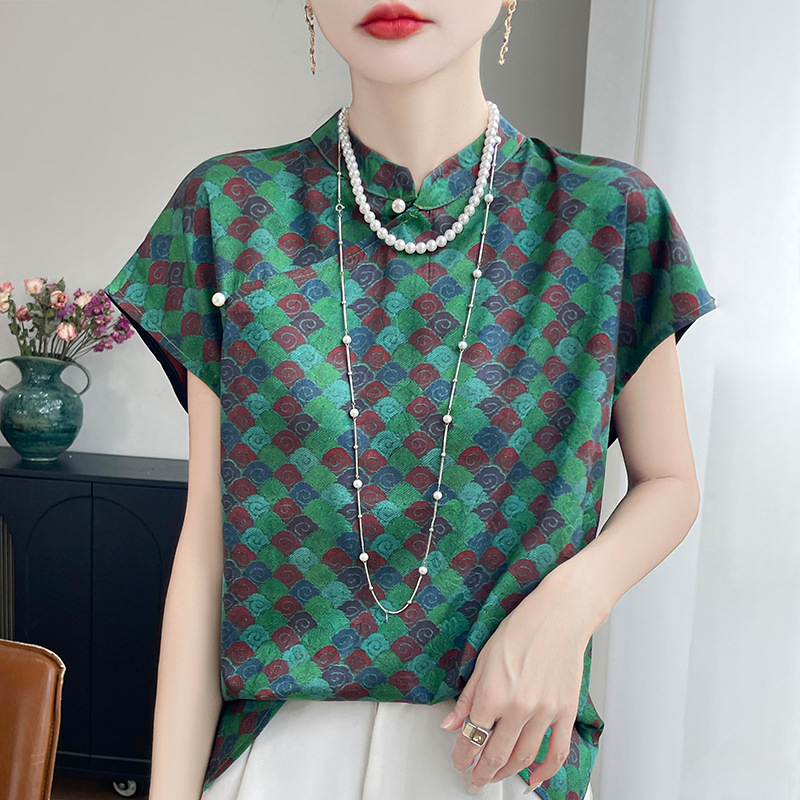 Ženska bluza s kratkim rukavima s printom Fragrant Cloud Yarn, ovratnik u stilu cheongsam, slobodan kroj, 3D uzorak, materijal od acetatnih vlakana s regeneriranom celulozom <30%