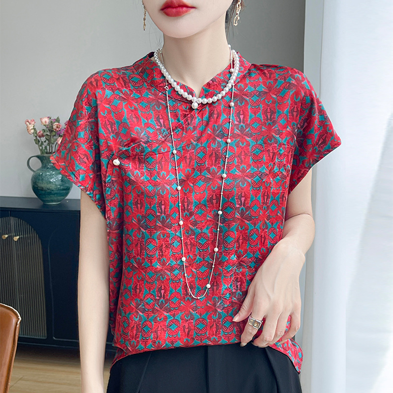 Ženska bluza s kratkim rukavima s printom Fragrant Cloud Yarn, ovratnik u stilu cheongsam, slobodan kroj, 3D uzorak, materijal od acetatnih vlakana s regeneriranom celulozom <30%