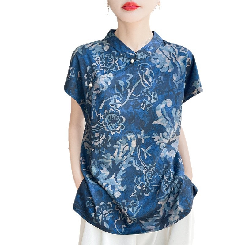 Ženska bluza s kratkim rukavima s printom Fragrant Cloud Yarn, ovratnik u stilu cheongsam, slobodan kroj, 3D uzorak, materijal od acetatnih vlakana s regeneriranom celulozom <30%