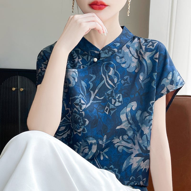 Ženska bluza s kratkim rukavima s printom Fragrant Cloud Yarn, ovratnik u stilu cheongsam, slobodan kroj, 3D uzorak, materijal od acetatnih vlakana s regeneriranom celulozom <30%