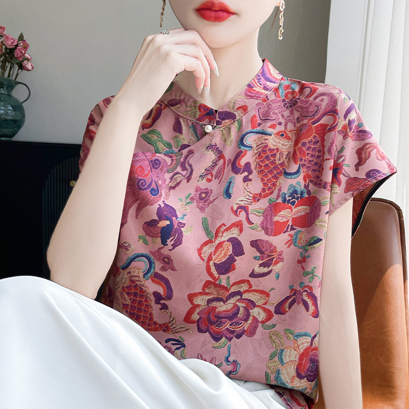 Ženska bluza s kratkim rukavima s printom Fragrant Cloud Yarn, ovratnik u stilu cheongsam, slobodan kroj, 3D uzorak, materijal od acetatnih vlakana s regeneriranom celulozom <30%