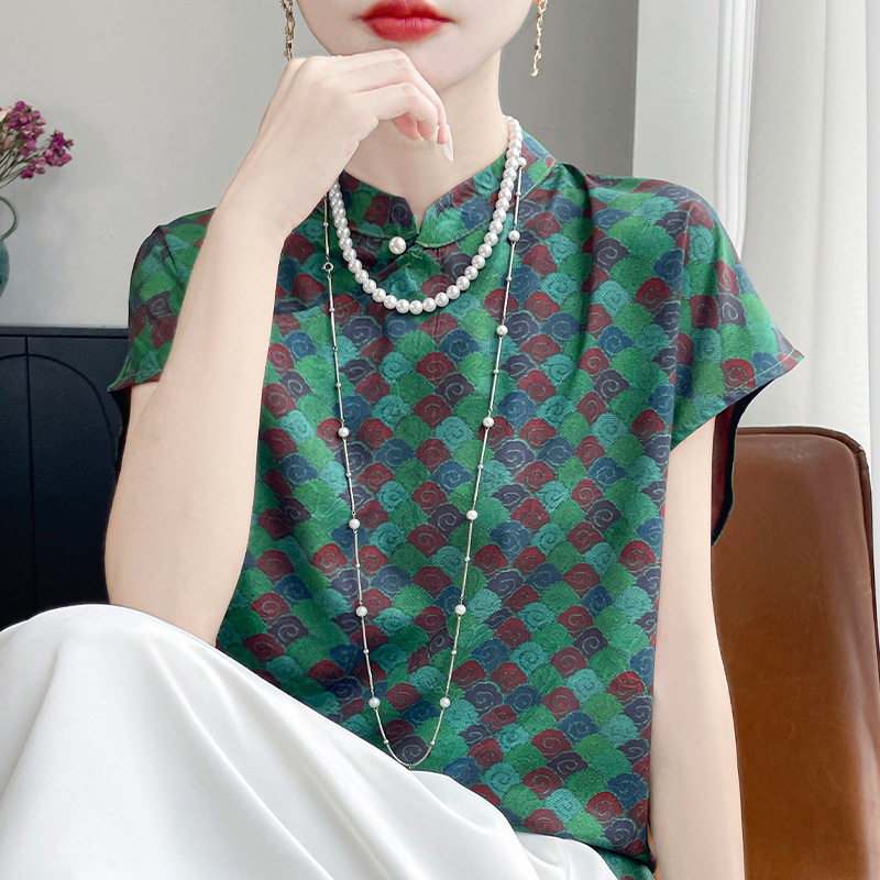 Ženska bluza s kratkim rukavima s printom Fragrant Cloud Yarn, ovratnik u stilu cheongsam, slobodan kroj, 3D uzorak, materijal od acetatnih vlakana s regeneriranom celulozom <30%