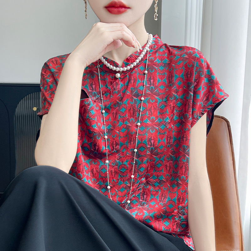 Ženska bluza s kratkim rukavima s printom Fragrant Cloud Yarn, ovratnik u stilu cheongsam, slobodan kroj, 3D uzorak, materijal od acetatnih vlakana s regeneriranom celulozom <30%
