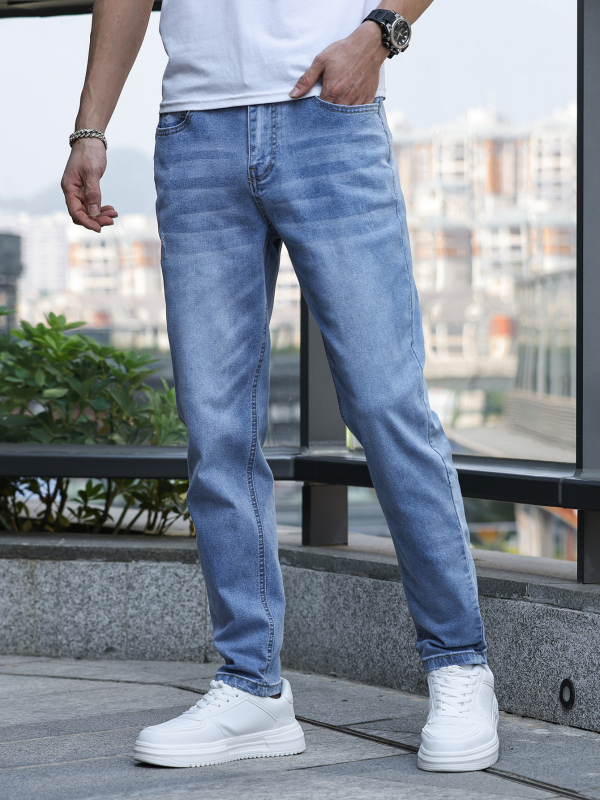 Traperice - Muške rastezljive slim denim hlače, srednji struk, zip zatvarač, 70% pamuk