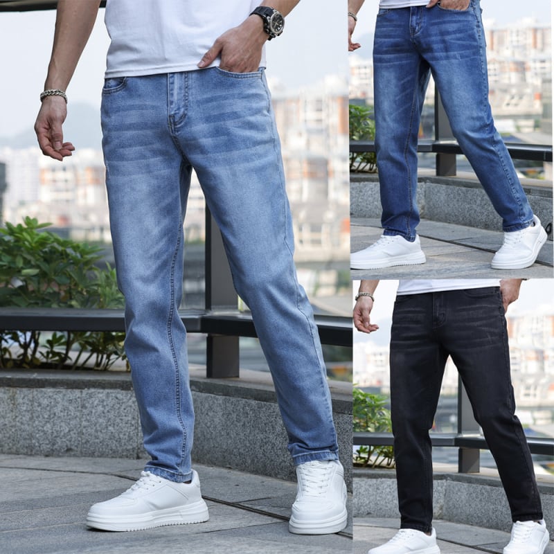 Traperice - Muške rastezljive slim denim hlače, srednji struk, zip zatvarač, 70% pamuk