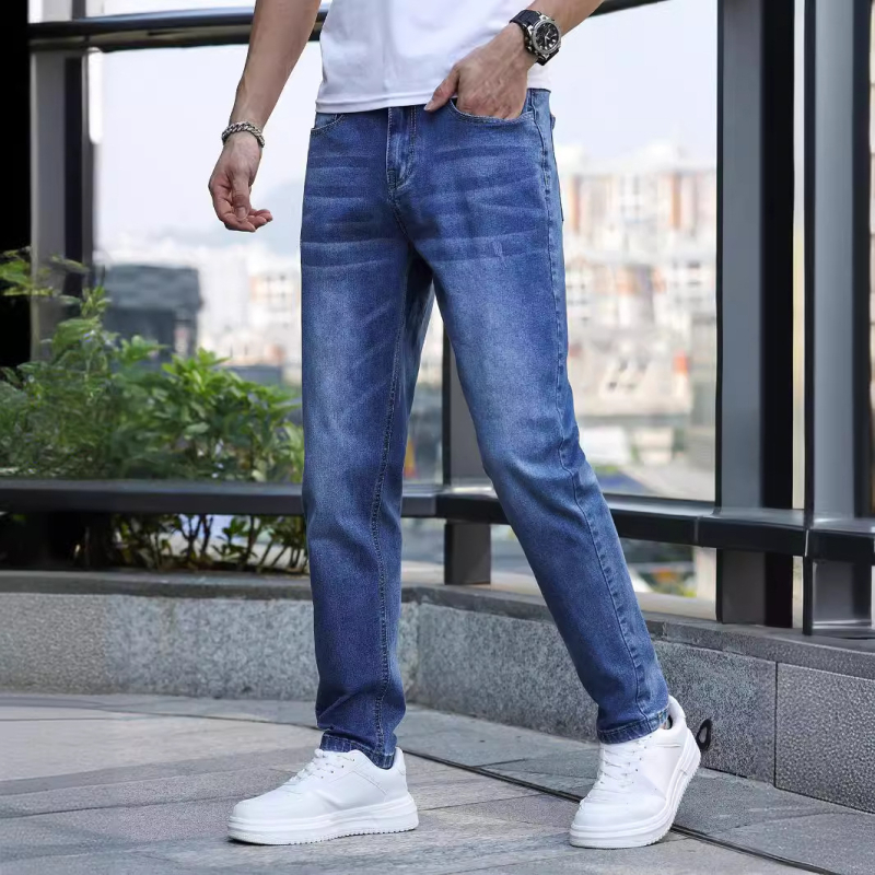 Traperice - Muške rastezljive slim denim hlače, srednji struk, zip zatvarač, 70% pamuk