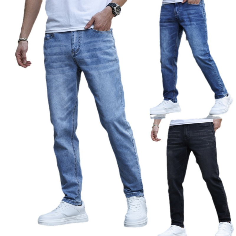 Traperice - Muške rastezljive slim denim hlače, srednji struk, zip zatvarač, 70% pamuk
